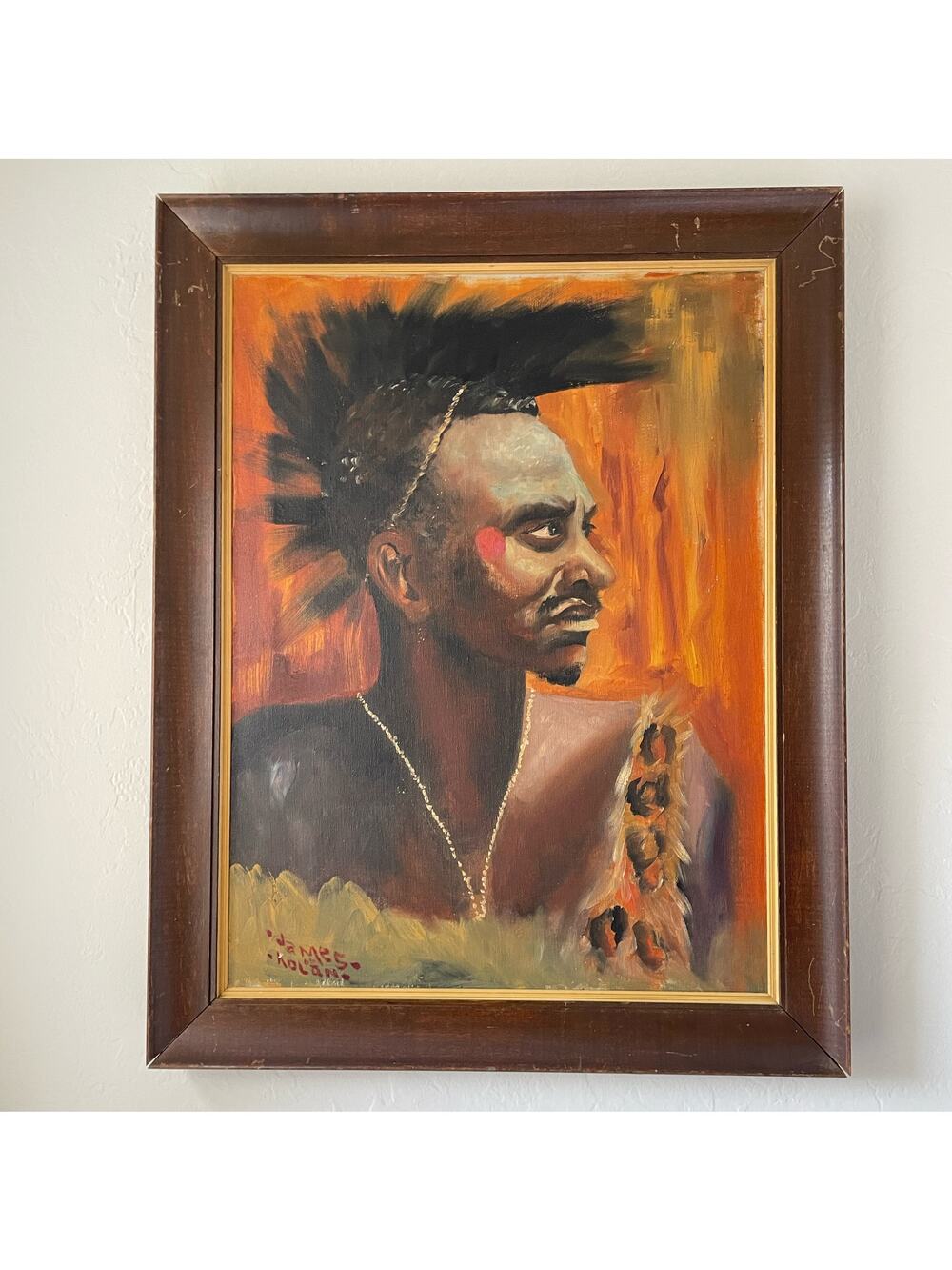 Vintage Original Framed Portrait Man African Warrior
